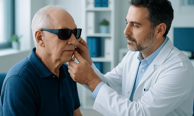 Doctor fitting hearing aid device to elderly patient's ear in clinic.