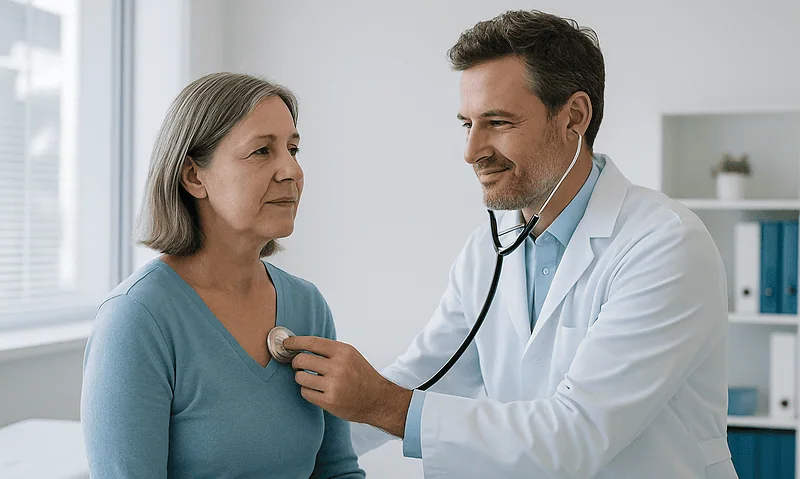 Doctor examining a woman with a stethoscope in a medical office.