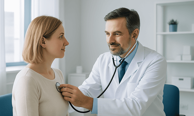 Doctor examining a woman with a stethoscope in a medical office.