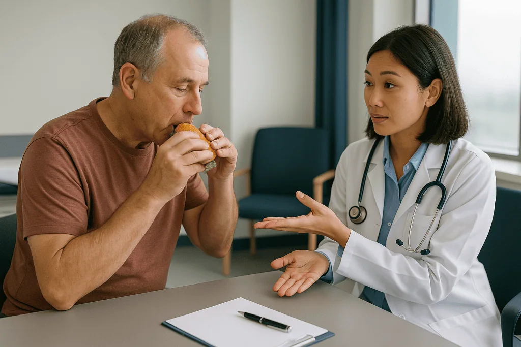 Doctor consulting patient eating burger at desk: Which hemorrhoid grade points toward banding, and which toward surgery?