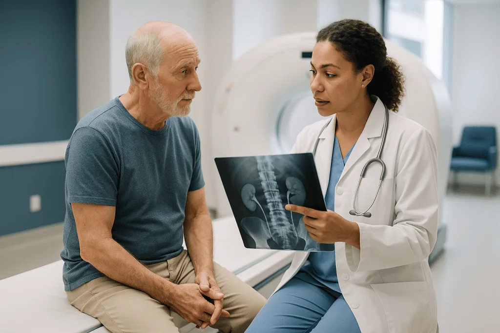 Doctor reviewing spine X-ray with elderly male patient: Which imaging checks confirm you are stone free after laser lithotri