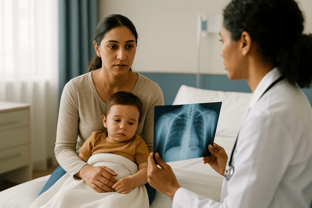 Mother holding young child during chest X-ray consultation: Which infections most often set off febrile seizures?