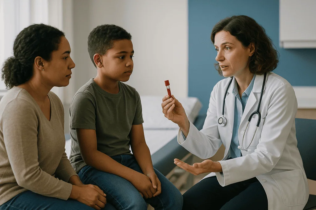 Doctor discussing test results with boy and mother: Which kidney function test for a child comes first: creatinine, cystatin