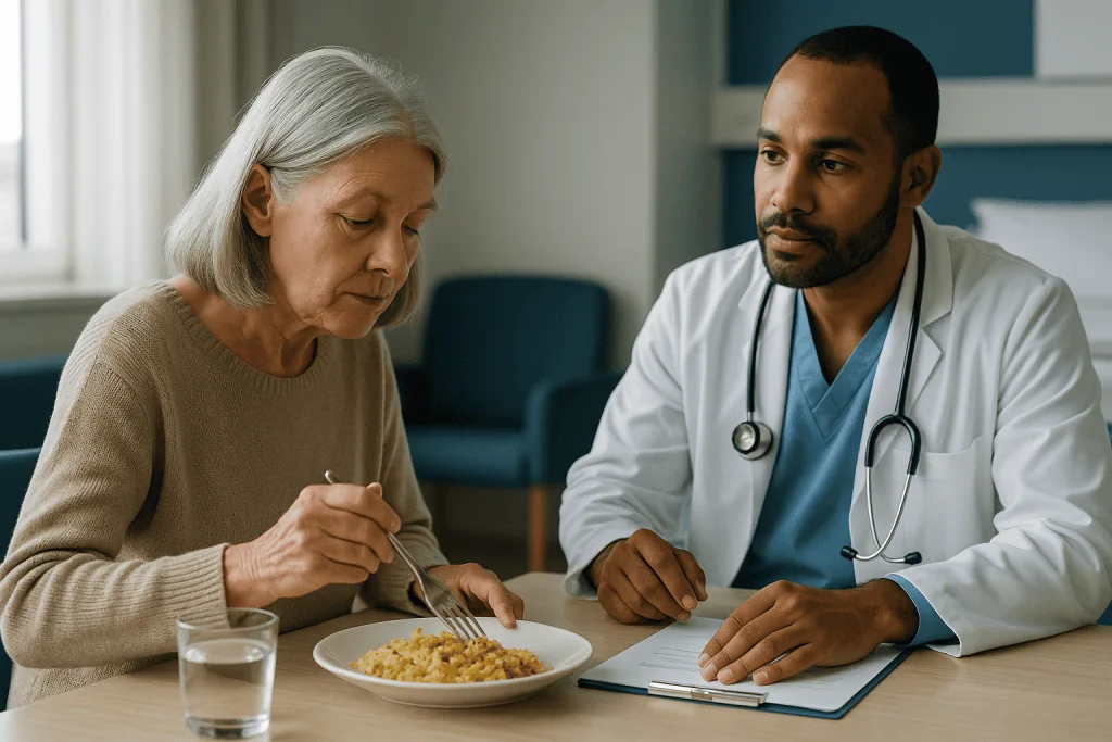 Doctor consulting elderly patient about nutrition/diet: Which lesions usually point toward a needle rather than an opening