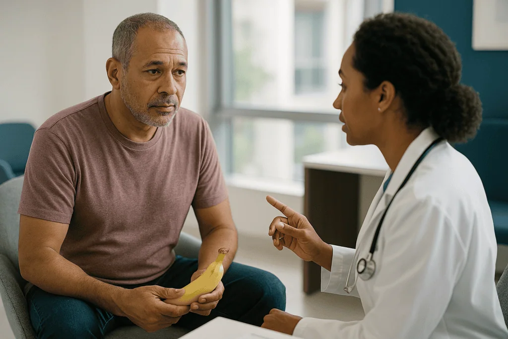 Doctor consulting male patient holding banana: Which low testosterone lifestyle changes doctors ask about first