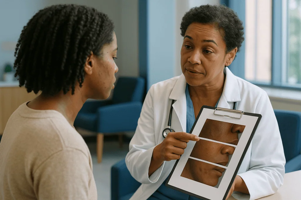 Dermatologist consulting patient about skin condition using images: Which mark do you actually have? Dark spots, red spots a