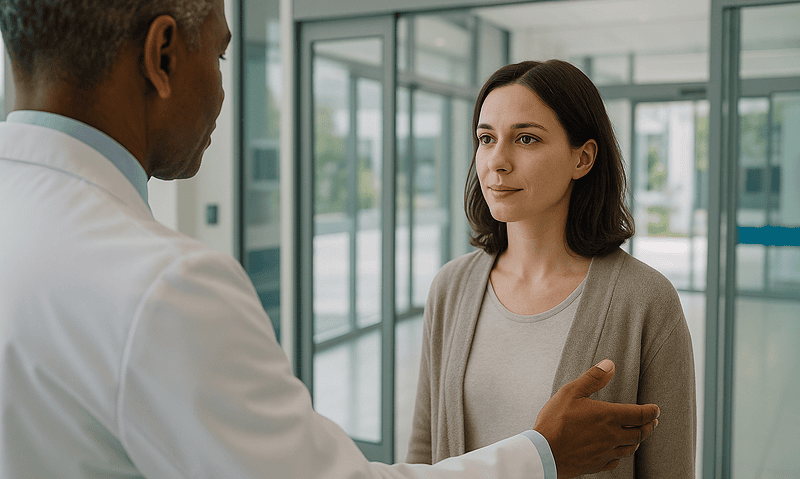 Doctor consulting a patient in a hospital corridor.