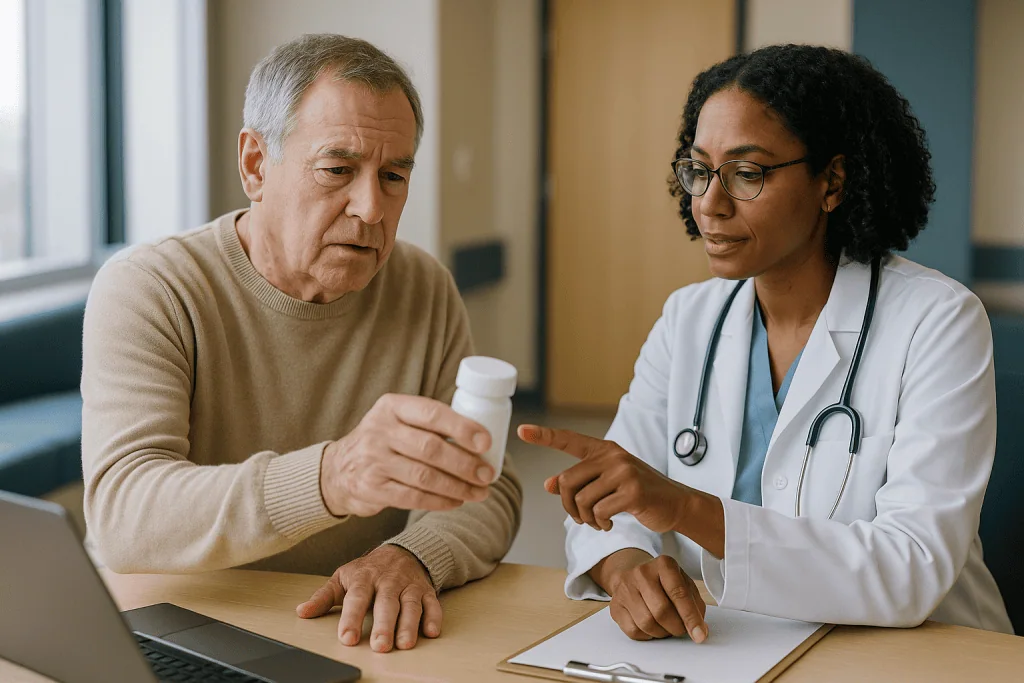 Doctor consulting elderly patient about medication bottle: Which medications that cause tremor appear most often on the revi