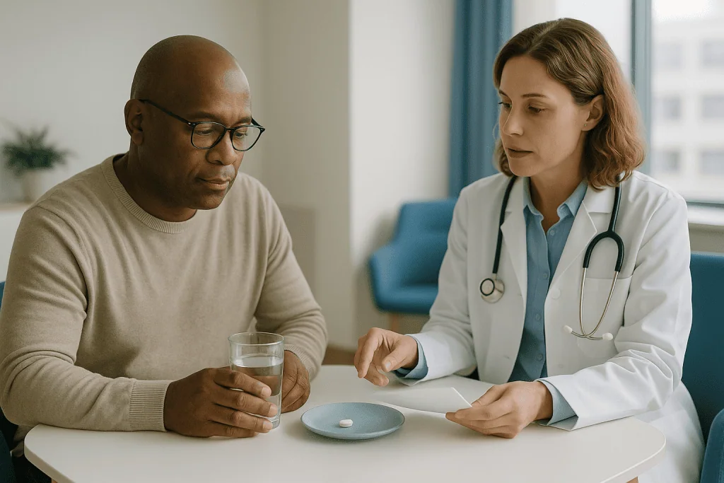 Doctor consulting patient, medication on table: Which medicine classes are used, and how their timelines differ