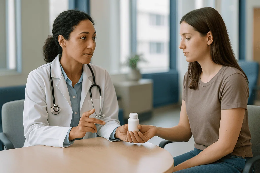 Doctor consulting with patient, holding medication bottle: Which medicines are commonly paused before tonsil removal?