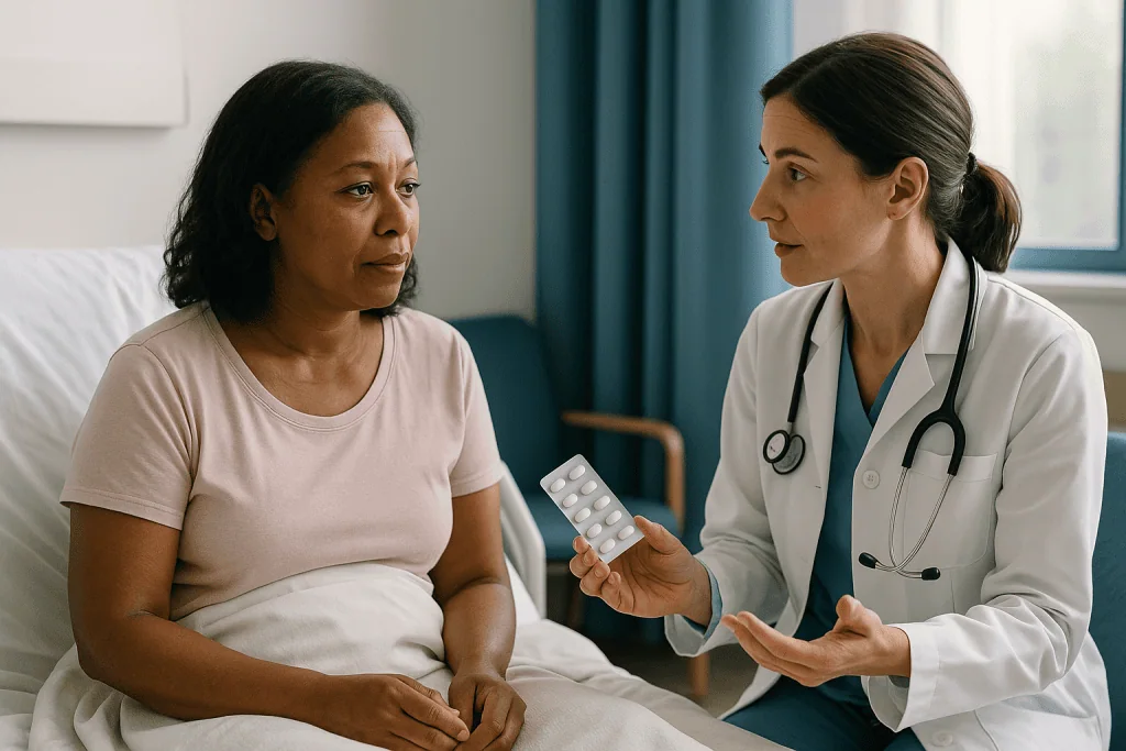 Doctor consulting patient, showing medication blister pack: Which medicines are sometimes considered in AFM treatment option