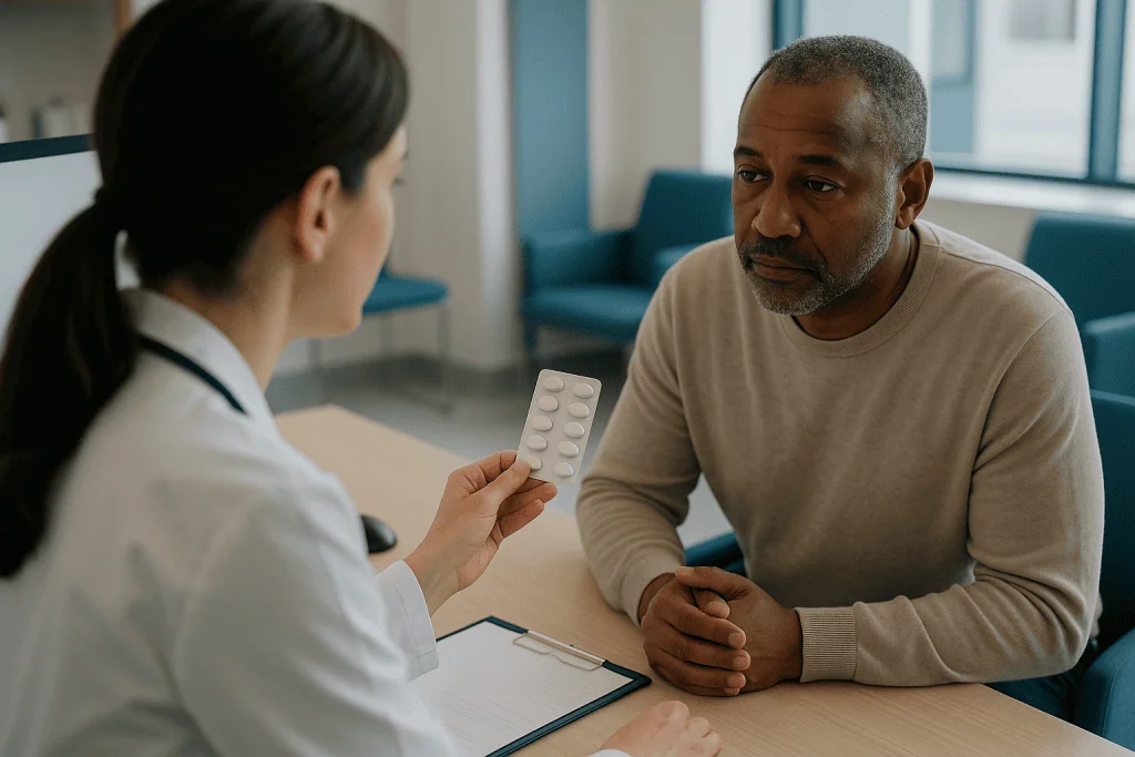 Healthcare provider showing medication blister pack to patient: Which medicines are used for inflammatory bowel disease firs
