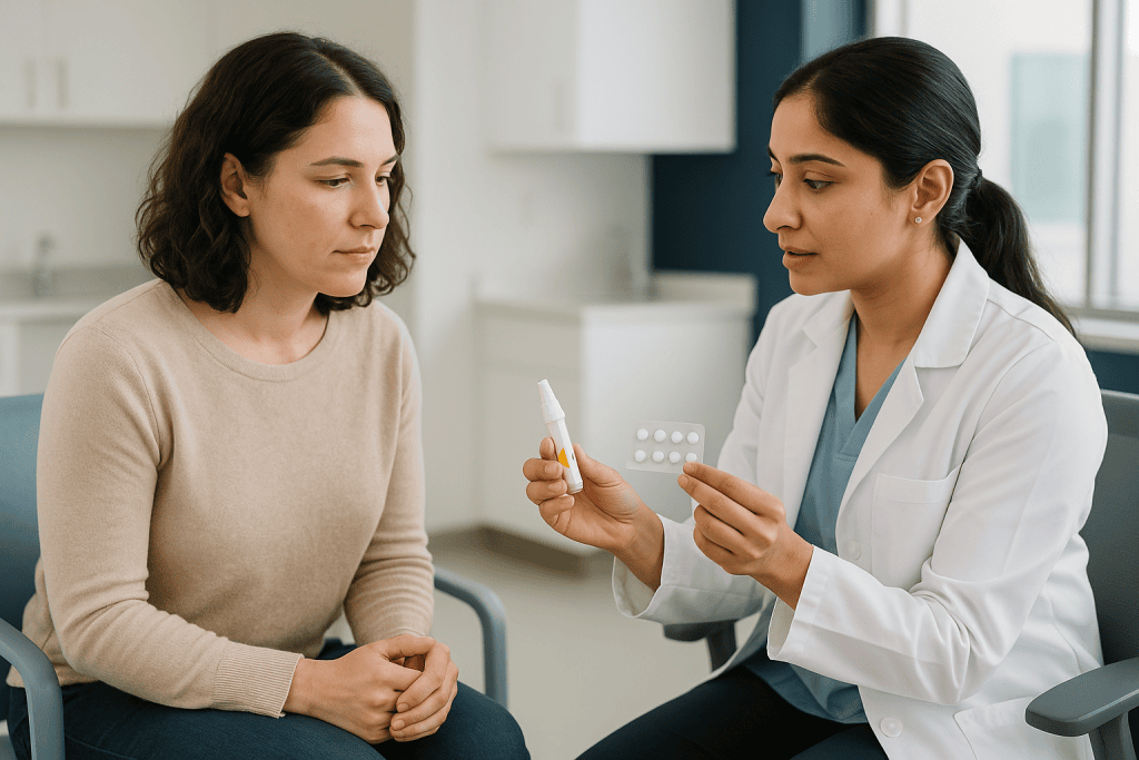 Doctor discussing medication with female patient in clinic: Which medicines are used for ovulation induction, and how do the