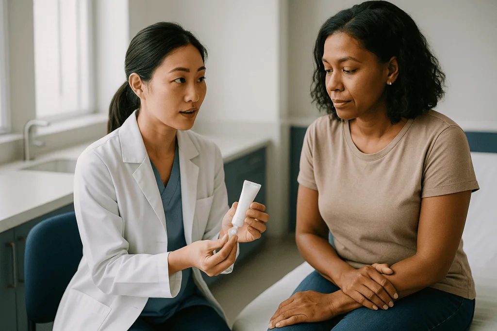 Healthcare provider consulting patient, holding skincare product bottle: Which medicines usually go into a priming cream?