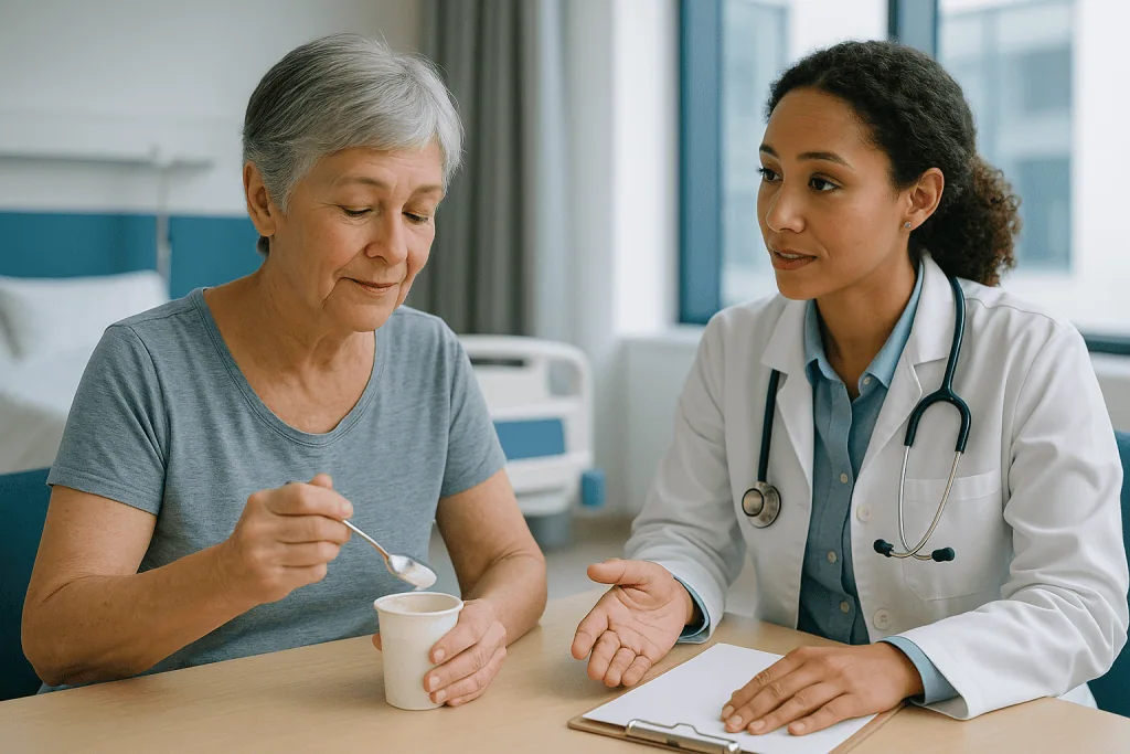 Doctor consulting with senior patient over tea: Which melanoma immunotherapy side effects are expected and usually mild