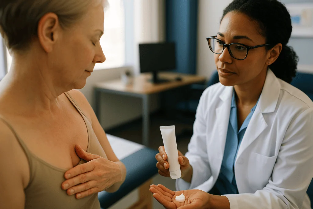 Doctor showing skincare product to female patient: Which moisturizer for radiation skin, and when to apply it?