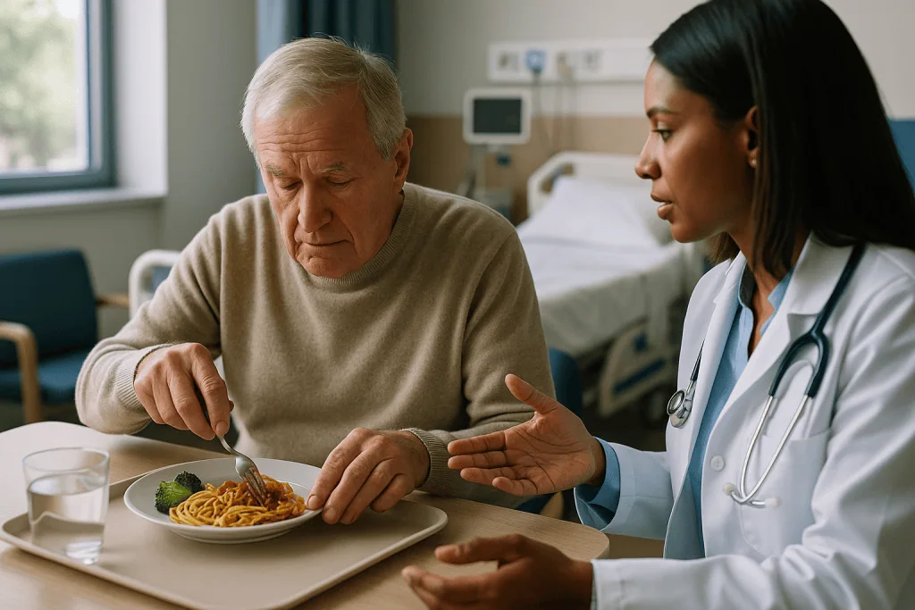 Elderly patient eating pasta with doctor in hospital: Which movement disorders is DBS used for?