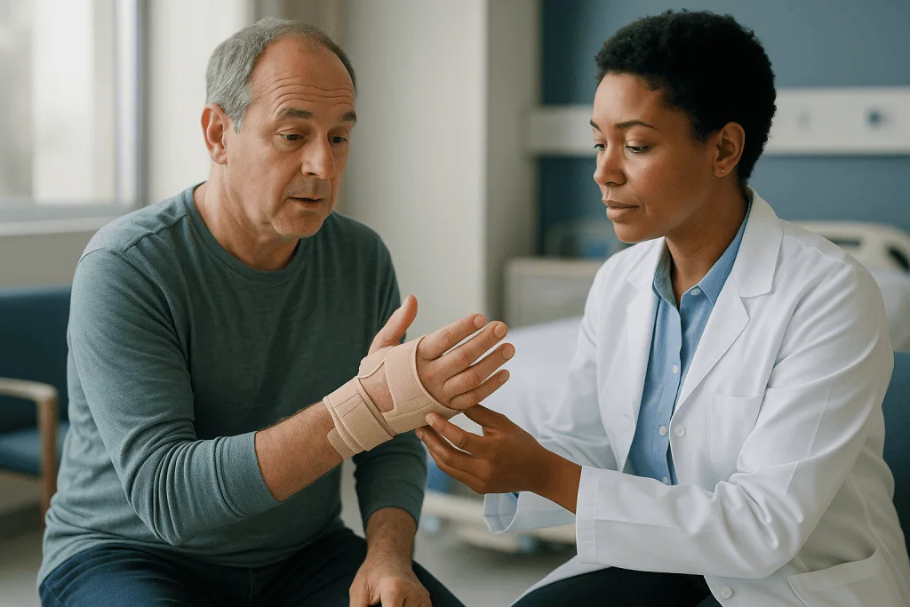 Doctor examining patient's bandaged wrist in clinical setting: Which nerve injuries need surgery, and who is usually asked t