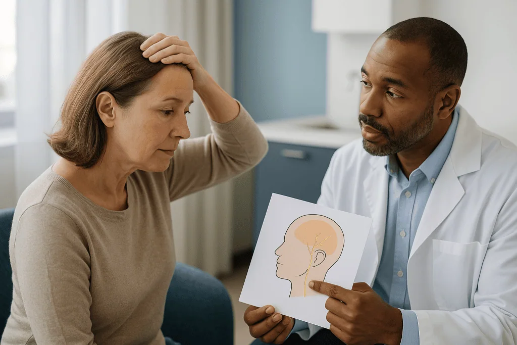 Doctor showing patient neurological diagram in consultation: Which nerves are involved, and where the numb patch usually sit
