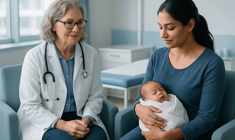 Pediatrician consulting with mother and newborn in hospital.