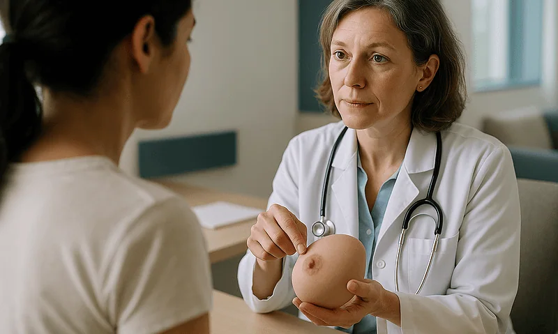 Doctor explaining breast anatomy to patient in consultation room.