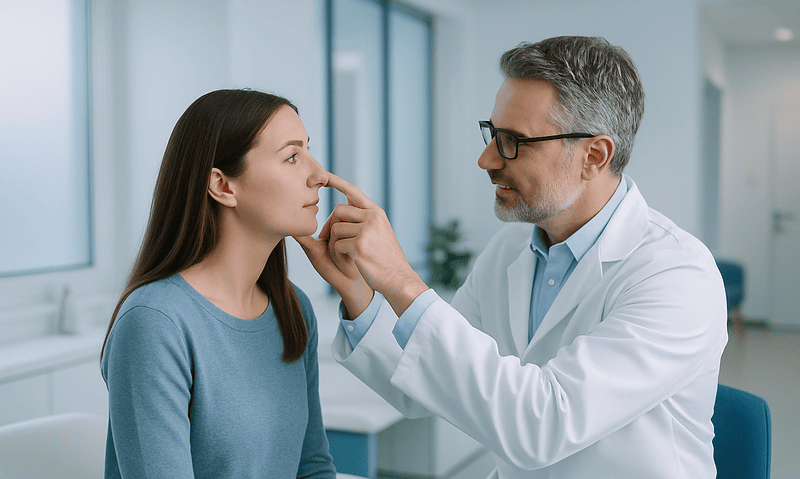 ENT specialist examining patient's nose for rhinoplasty assessment.