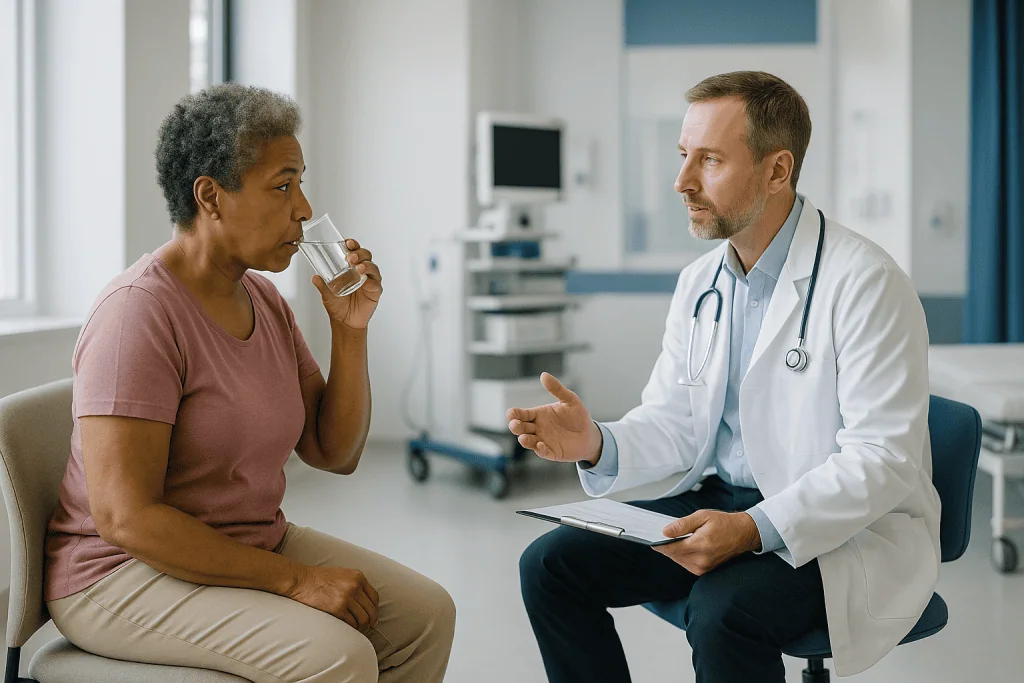 Doctor consulting patient drinking water in clinic: Which one comes first? What the evidence says about sequence