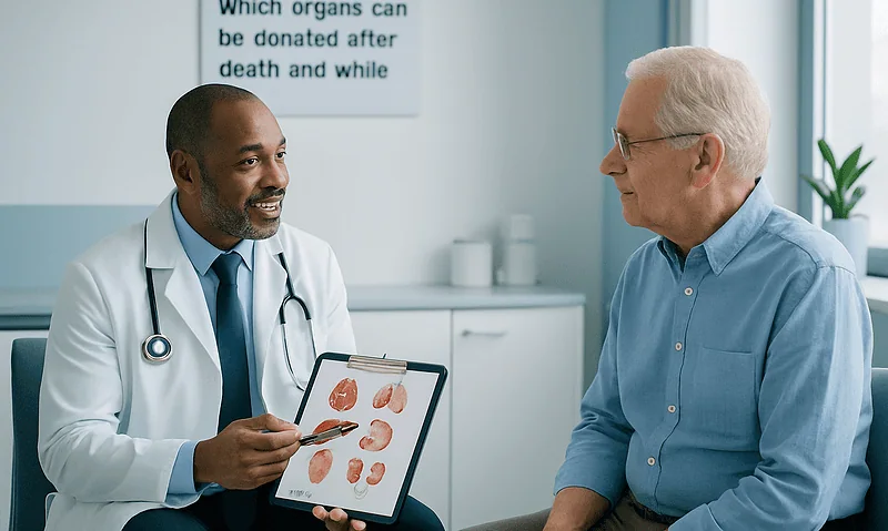 Doctor explaining organ donation options to an elderly patient.
