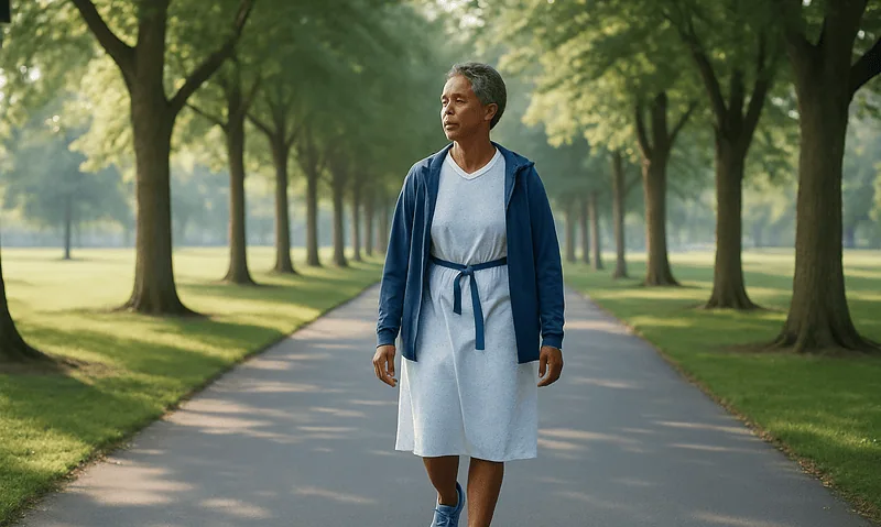 Elderly woman walking in park with trees and pathway.