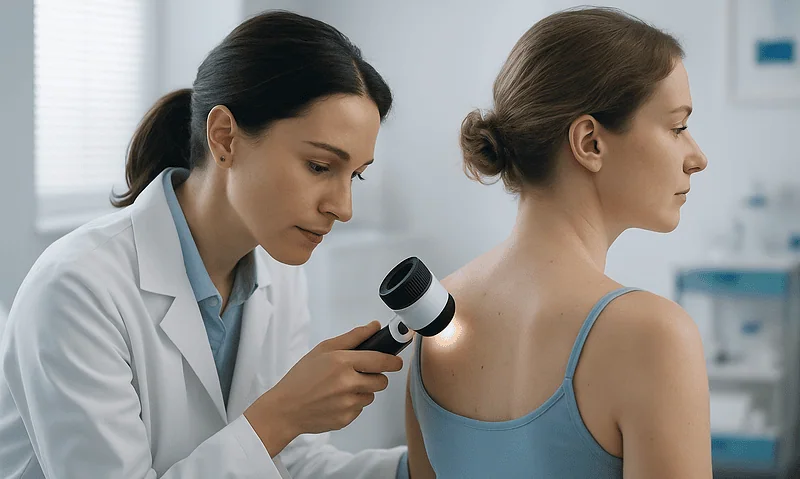 Doctor examining patient's skin with a dermatoscope in a clinical setting.