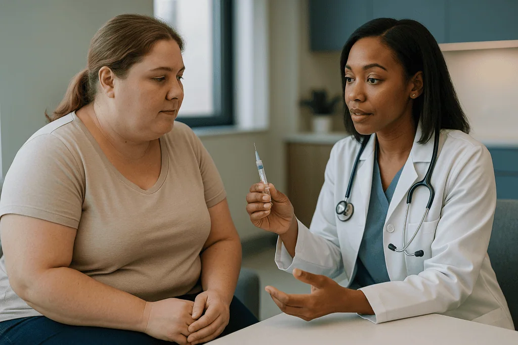 Doctor discussing injection with adult patient in clinic: Which peptides for weight loss are approved medicines?