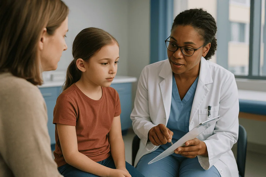 Doctor consulting with child and mother in clinic: Which pre-operative tests does a child actually need?