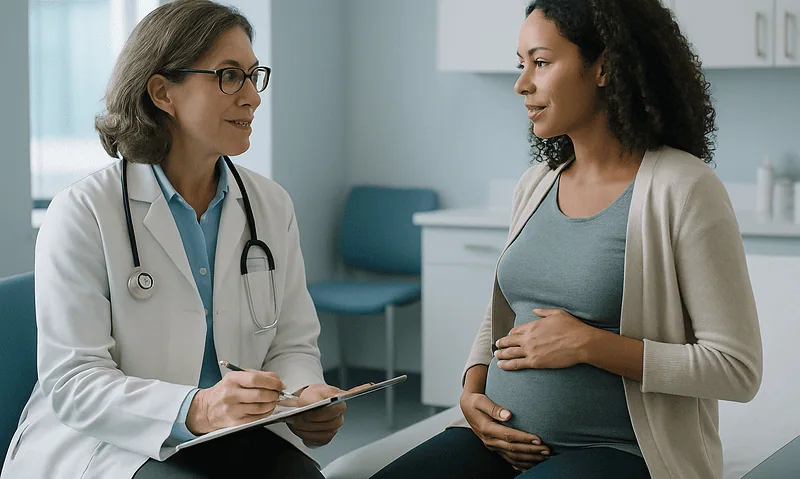 Pregnant woman consulting with a doctor in a medical office.