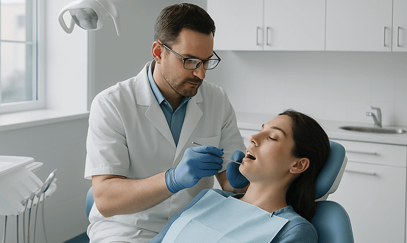 Dentist examining patient's mouth in a modern dental clinic.