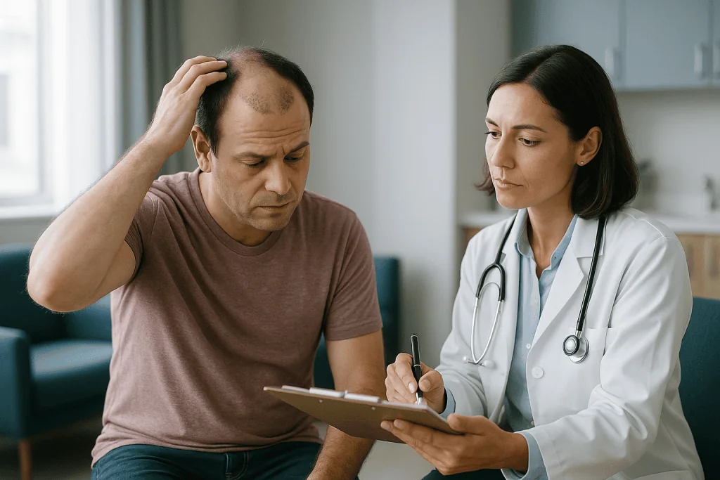 Doctor consulting with male patient about general health issue: Which problems does a staged hair transplant repair plan usu