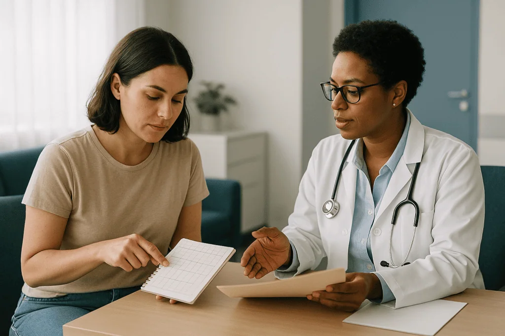 Doctor consulting with patient, reviewing medical records: Which records to bring: your cycle log, past results and surgical