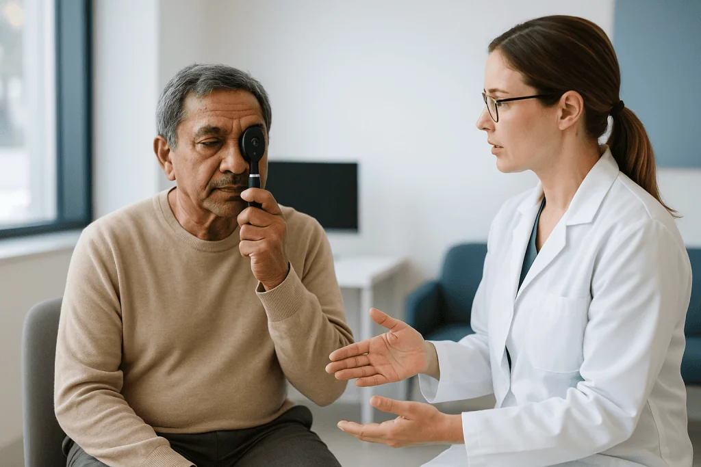 Ophthalmologist examining patient's eye with handheld device: Which retinal treatments cause floaters and blur, and how each