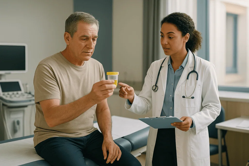 Doctor consulting patient about medication in clinic: Which scans and blood tests happen before a bladder tumor resection?