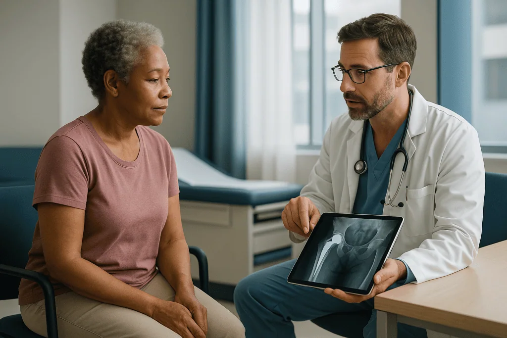 Doctor consulting patient with tablet showing X-ray image: Which scans are needed before revision surgery, and what do they 