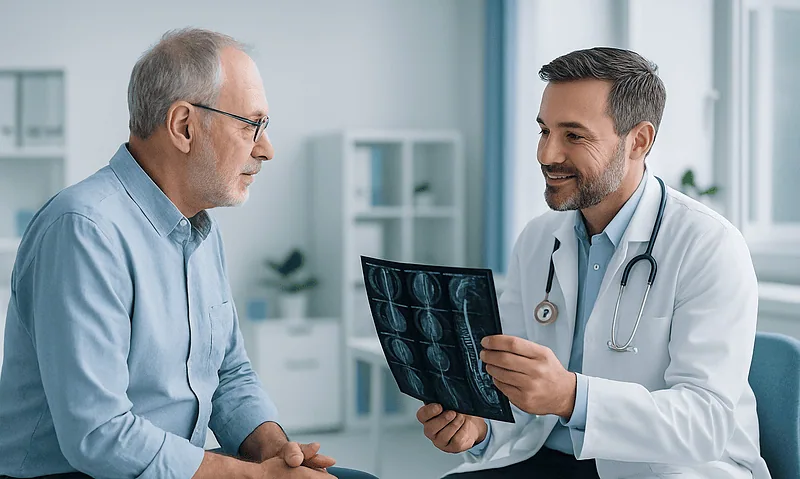 Doctor explaining spinal scan results to an elderly patient in a clinic.