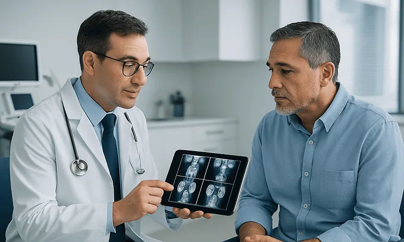 Doctor explaining ultrasound images to a patient in a clinic setting.