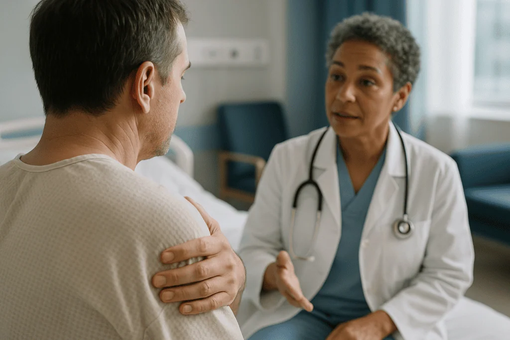 Doctor consulting with male patient in clinic: Which side hurts, and does the type of urology operation matter?