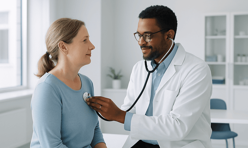 Doctor examining a patient with a stethoscope in a medical office.