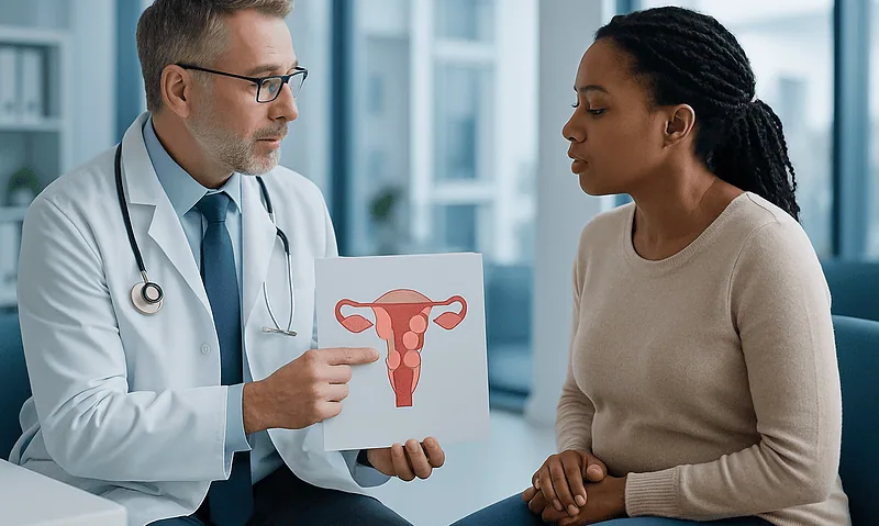 Doctor explaining uterine health to a patient with a uterus diagram.