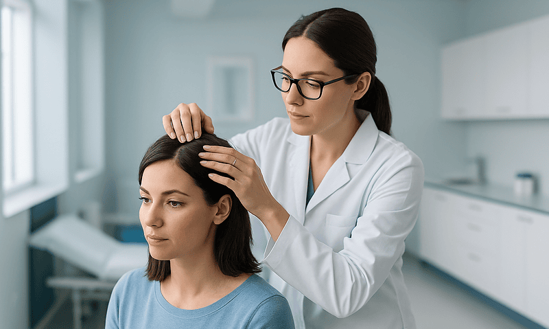 Doctor examining patient's scalp after hair transplant in clinical setting.