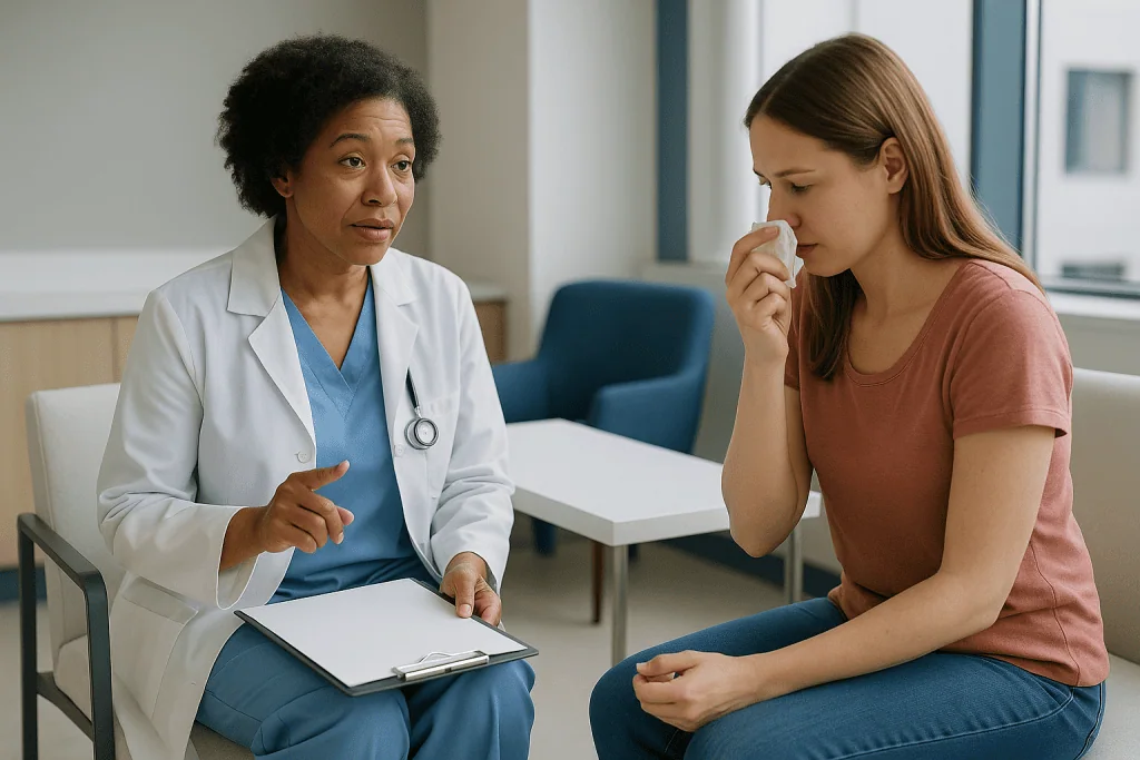 Female doctor consulting patient in clinical office setting: Which smells worse, BV or yeast infection?