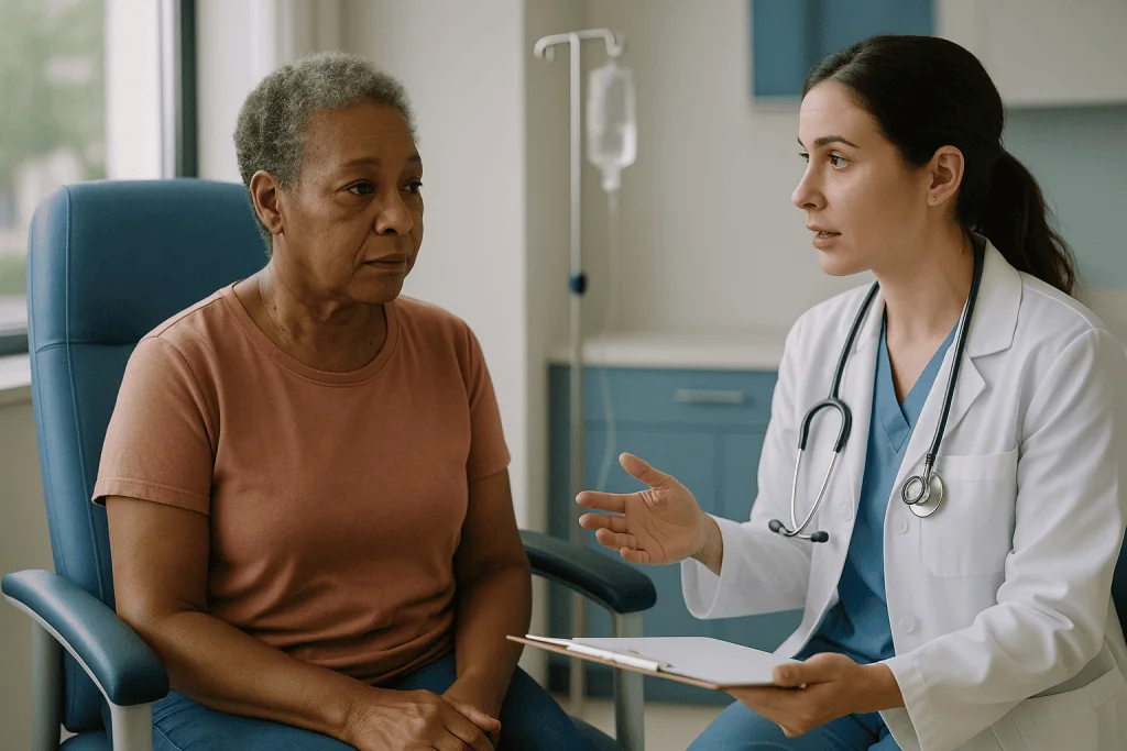 Doctor consulting with older adult patient in clinic: Which stage of melanoma requires immunotherapy, and who is usually ask