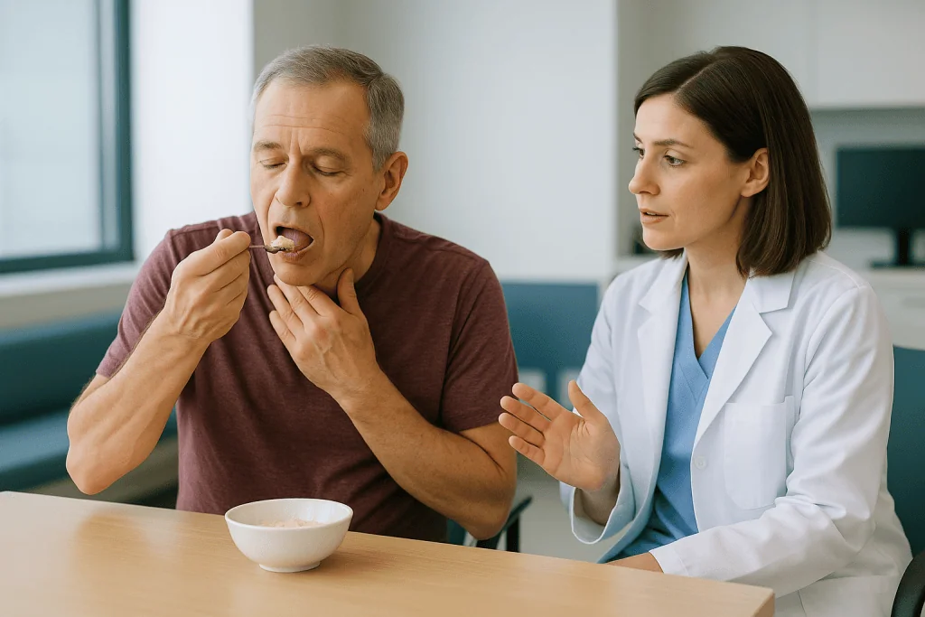 Adult male eating under healthcare provider observation: Which swallowing therapy exercises do therapists use most often?