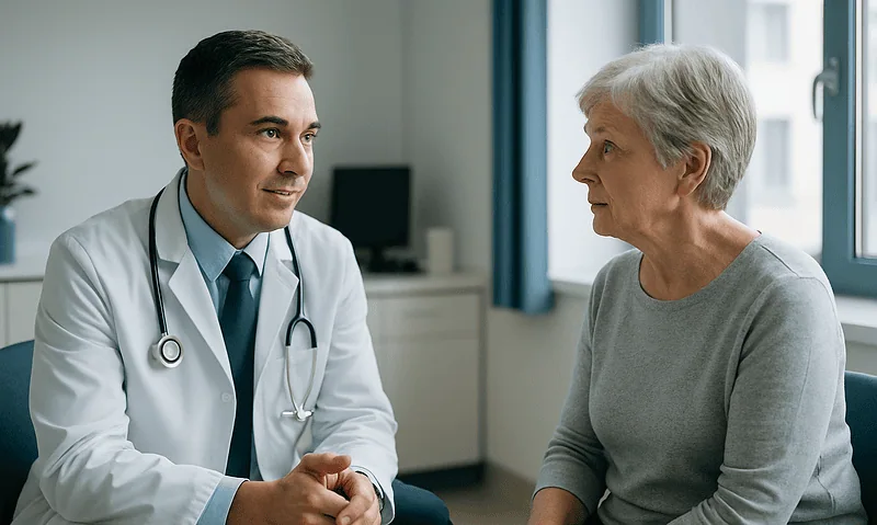 Doctor consulting with an elderly woman about post-pituitary surgery symptoms.