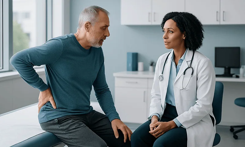 Doctor consulting with a patient about post-spine surgery symptoms in a medical office.